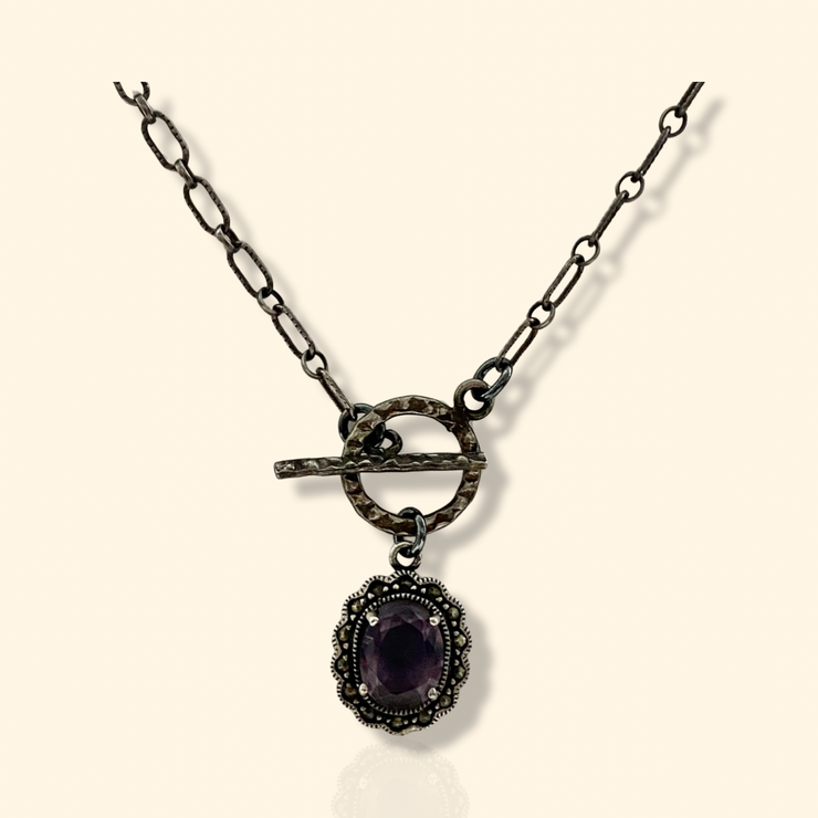 Vintage Amethyst and Marcasites pendent on 18"  Oxidized Sterling Chain