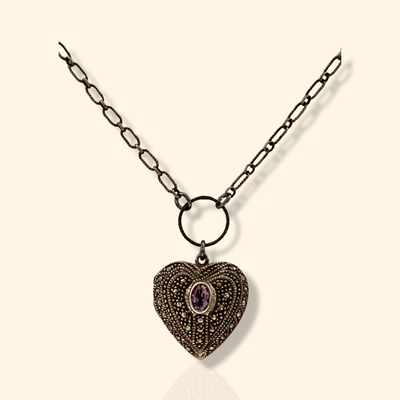 Vintage Intention Locket with Marcasites and Amethyst on 18" Sterling Chain