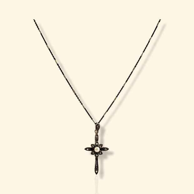 Marcasite, sterling, silver cross with pearl Center, 2 tone sterling and oxidized 18” Chain