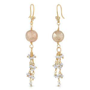 Get Tasseled Earring Moonstone and Pearl with 18kt gold ear wire Swarovski crystal