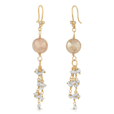 Get Tasseled Earring Moonstone and Pearl with 18kt gold ear wire  crystal