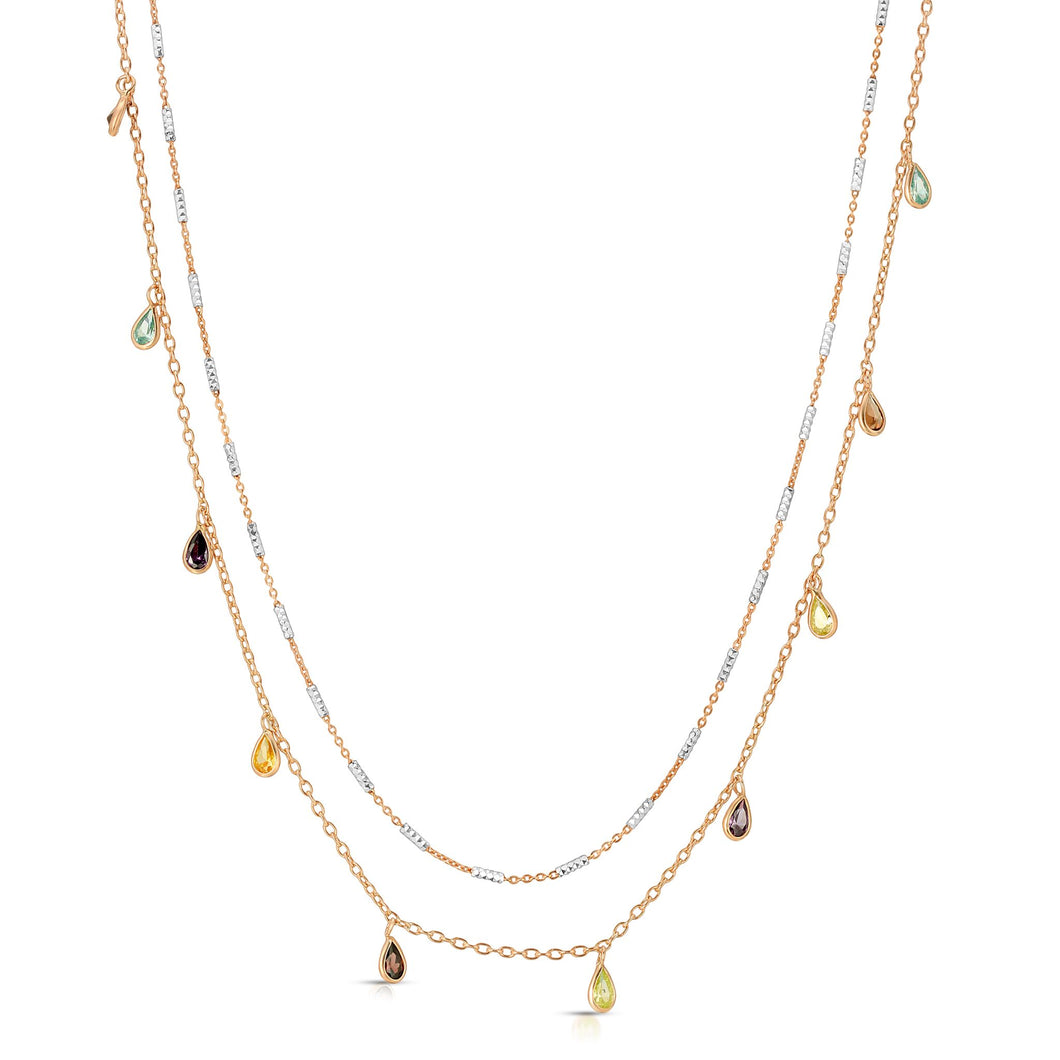 Katherine Rose Gold and Silver Double Chain with colorful tear drop Crystals Necklace
