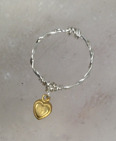 Hammered Wire Wrap Ring - Sterling Silver Band with Gold Heart Charm